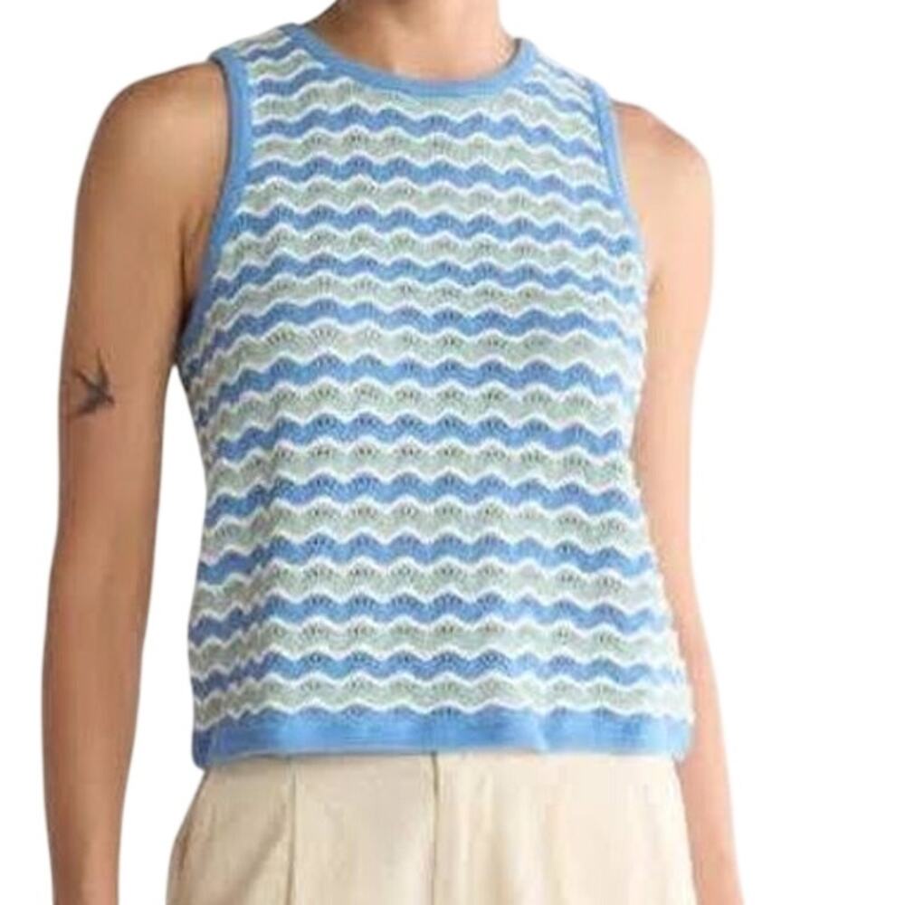 Marine Layer Blue White 100% Cotton Scalloped Wavy Knit Sleeveless Sweater Tank